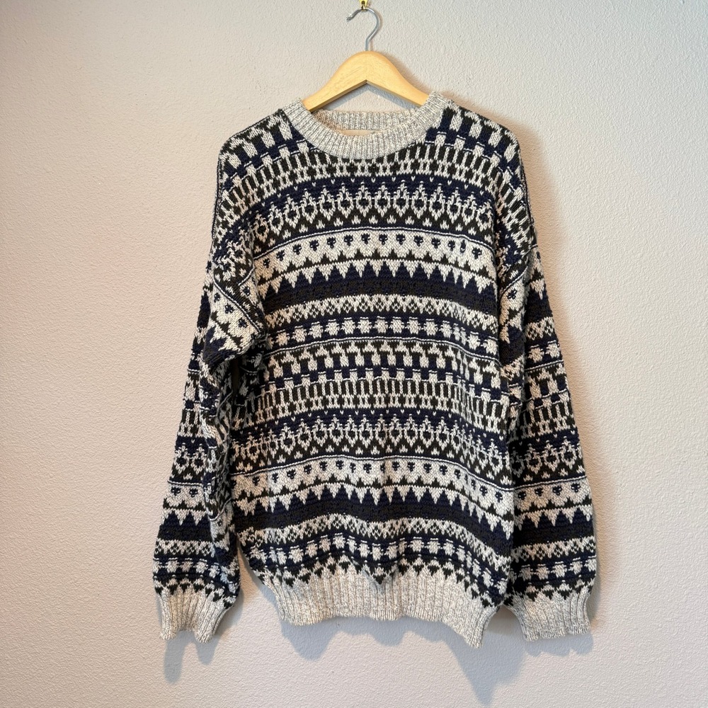 Vintage Fieldmaster Mens Large Cotton Fair Isle Sweater Navy Geometric Made USA